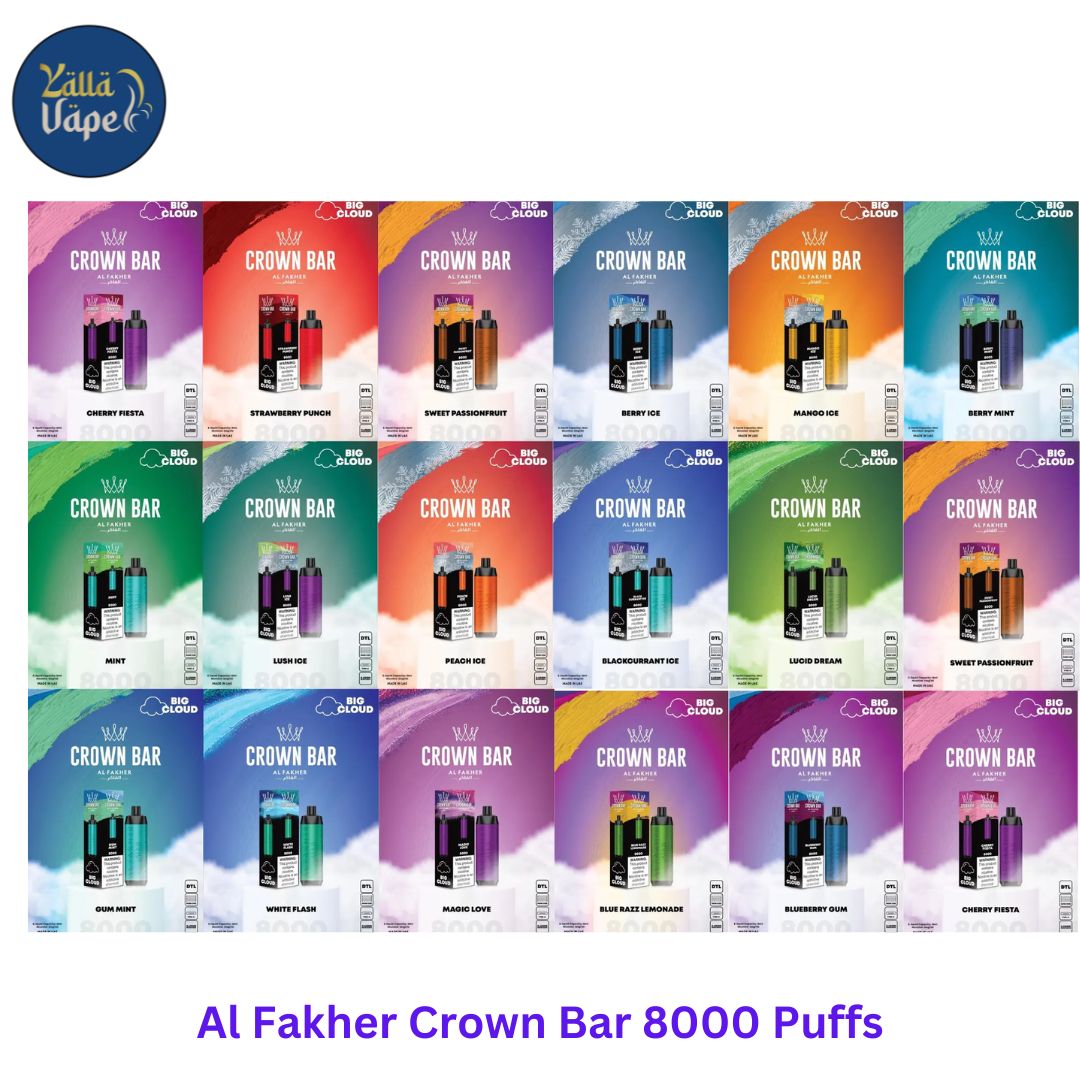 Al Fakher Crown Bar 8000 Puffs disposable vape in matte black, 18 ml e-liquid, 5% nicotine salt, USB-C rechargeable battery, available in Dubai, Abu Dhabi & UAE.