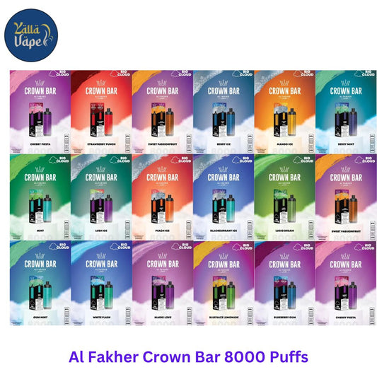 Al Fakher Crown Bar 8000 Puffs disposable vape in matte black, 18 ml e-liquid, 5% nicotine salt, USB-C rechargeable battery, available in Dubai, Abu Dhabi & UAE.