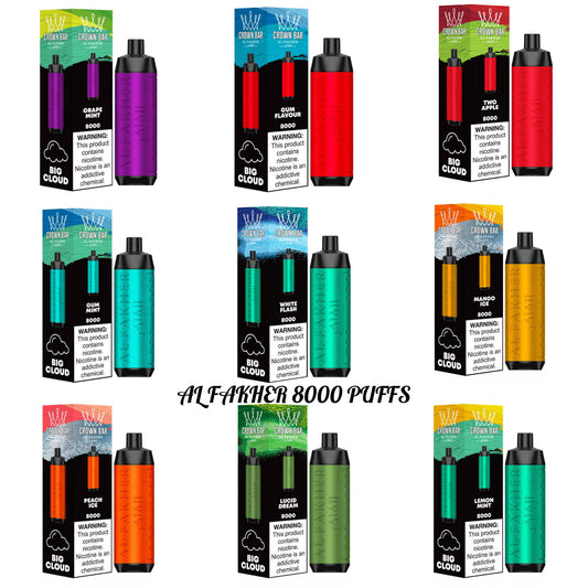 Sleek Al Fakher Crown Bar 8000 Puffs vape device with dual ECO/BOOST modes, 18 ml capacity, 5% nicotine, mesh coil, USB-C charging, UAE-wide delivery.