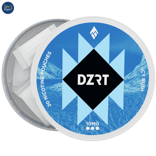 Lifestyle shot of Dzrt Icy Rush 10mg Nicotine Pouches in use, delivering a refreshing, clean nicotine boost for Abu Dhabi consumers.