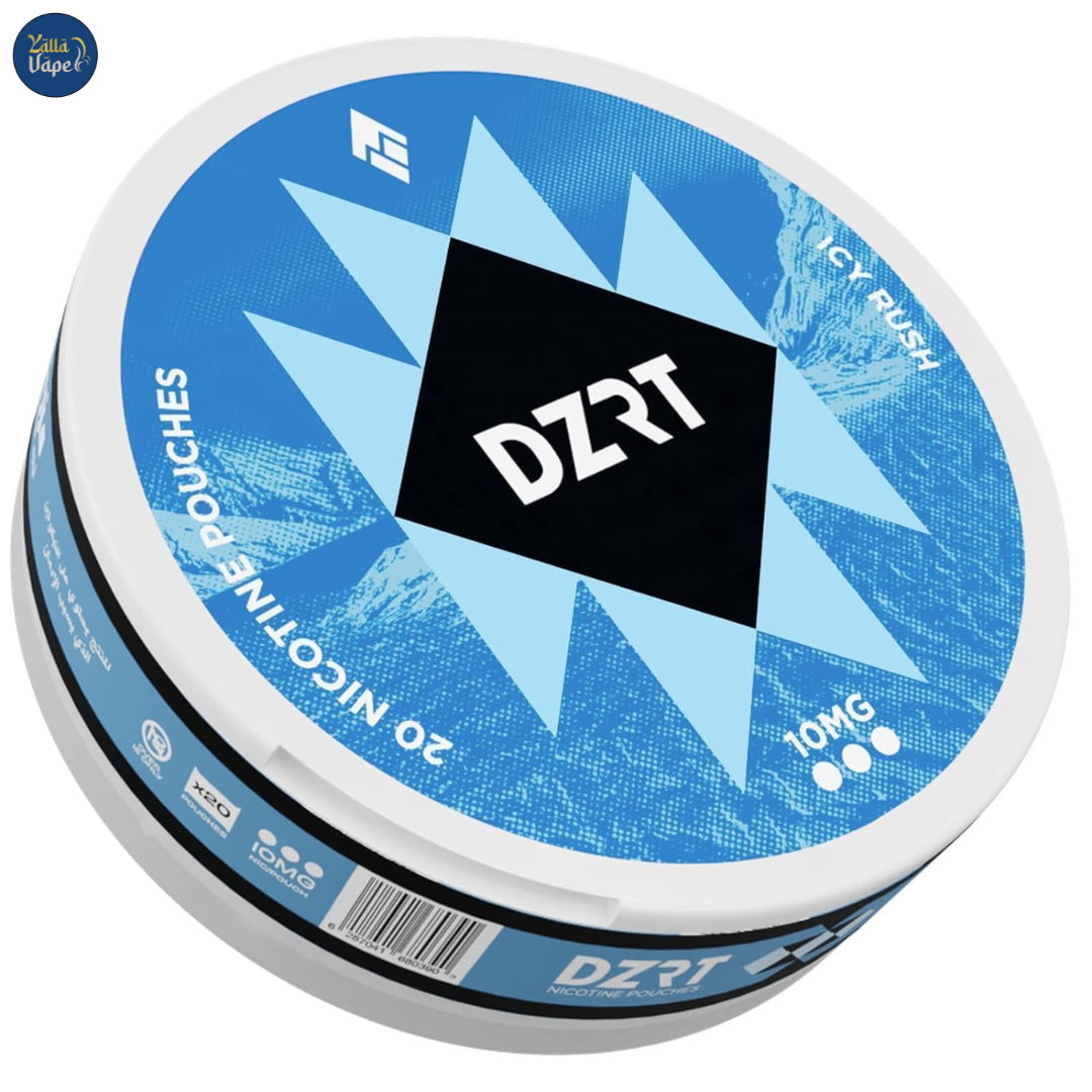 Dzrt Icy Rush 10mg Nicotine Pouches packaging with frosty mint design for a premium, smoke-free lifestyle in UAE.