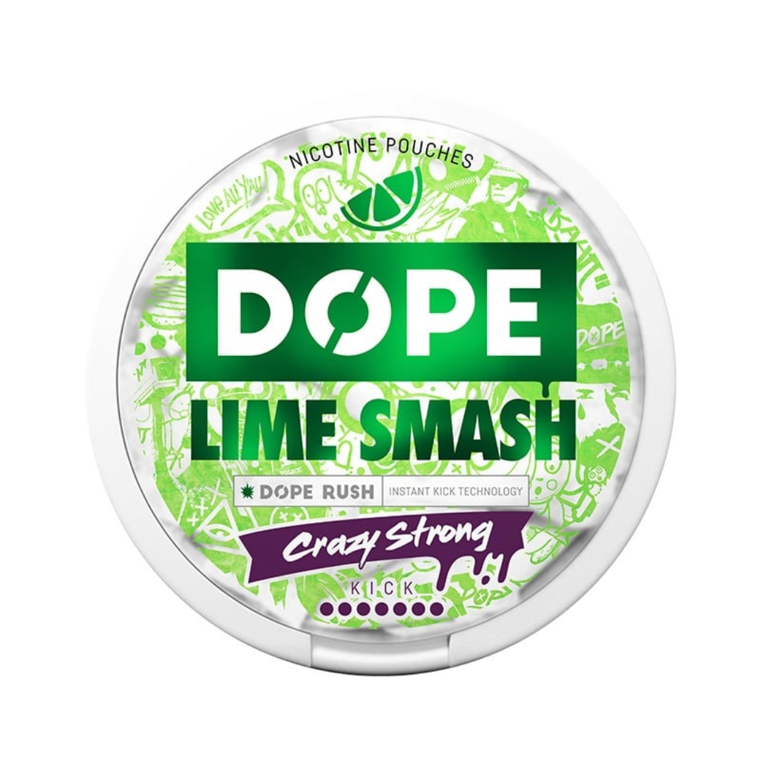 Dope Lime Smash Crazy Strong nicotine pouch – sour tangy lime flavor, extra-strong 20 mg nicotine per pouch (28.5 mg/g), slim white pouch.