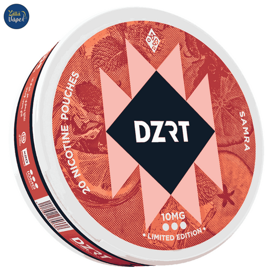 Close-up of Dzrt Samra 10mg nicotine pouch with embossed logo, premium tobacco-free formula – fast delivery in UAE (Dubai & Abu Dhabi)