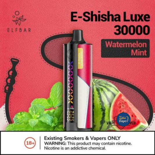 Close-up of Elfbar E-Shisha Luxe 30000 Puffs Watermelon Mint disposable vape pen – premium flavor, fast delivery Dubai, Abu Dhabi & UAE