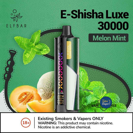 Elfbar E-Shisha Luxe Melon Mint rechargeable 30 000-puff DTL vape – crisp honeydew melon with cool mint, 20 mg nicotine, available online in Dubai, Abu Dhabi & across the UAE