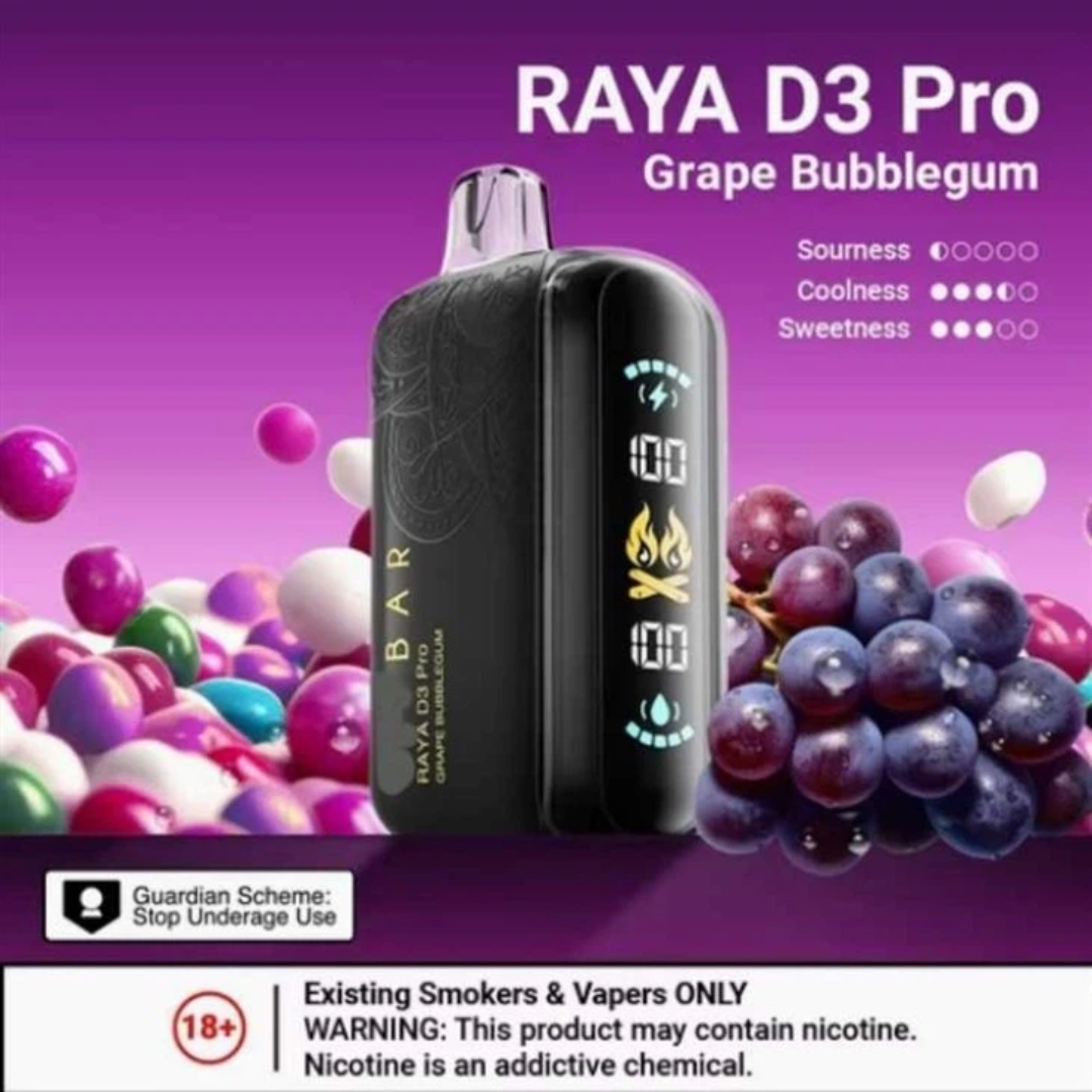 ELFBAR Raya D3 Pro 30K Puffs Disposable Vape – Grape Bubblegum flavor, USB‑C rechargeable, sleek color design – Dubai, Abu Dhabi, Sharjah & UAE