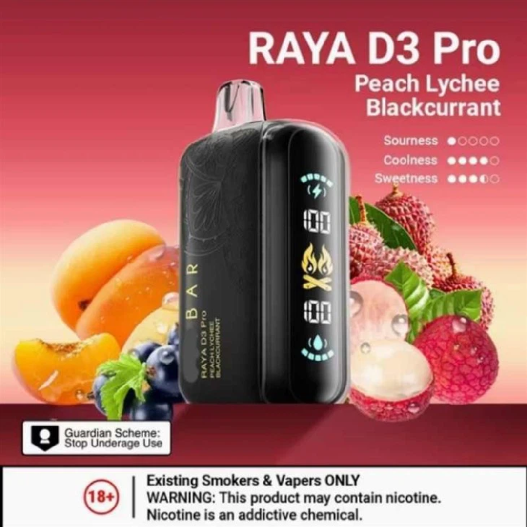ELFBAR Raya D3 Pro 30K Puffs disposable vape – Peach Lychee Blackcurrant blend, triple-mesh coils & USB-C recharge, Dubai, Abu Dhabi & UAE