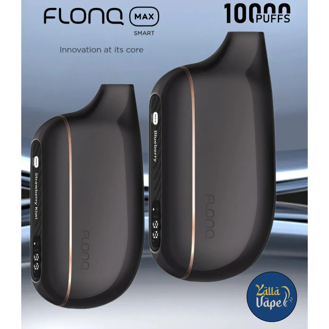 10K Puff Malaki Flonq Max Smart disposable vape — multi-flavor group photo (Mango Ice; Grape Ice; Blueberry; Strawberry Kiwi; Watermelon Ice; Pineapple Coconut; Mixed Berries; Peach Berry Lemon; Banana Milkshake; Classic Tobacco). Available Dubai, Abu Dhabi, Sharjah, UAE