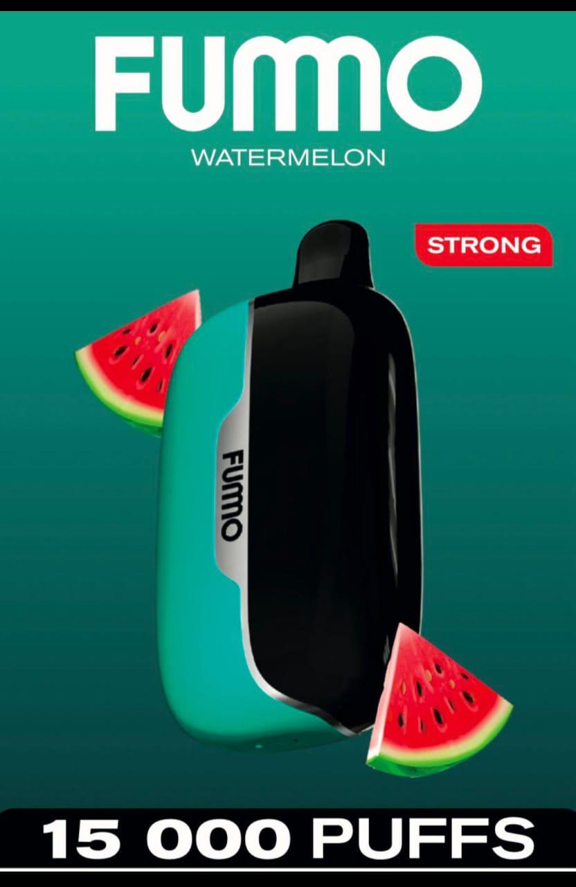 Fummo watermelon vape device with watermelon slices on a green background