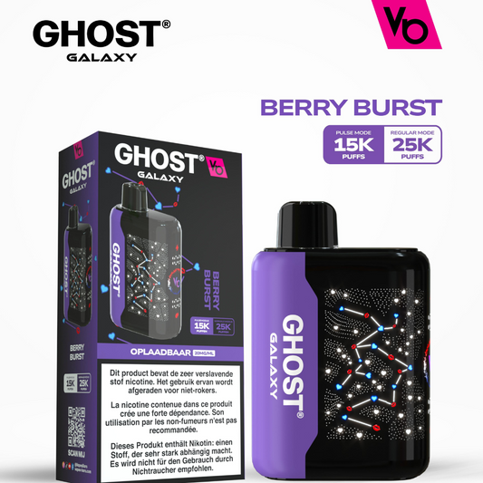 Vapes Bars Ghost Galaxy 25000 Puffs disposable vape in Berry Burst flavor, featuring 2% nicotine (20mg), dual-mode performance, and a futuristic design for vivid, lasting taste.