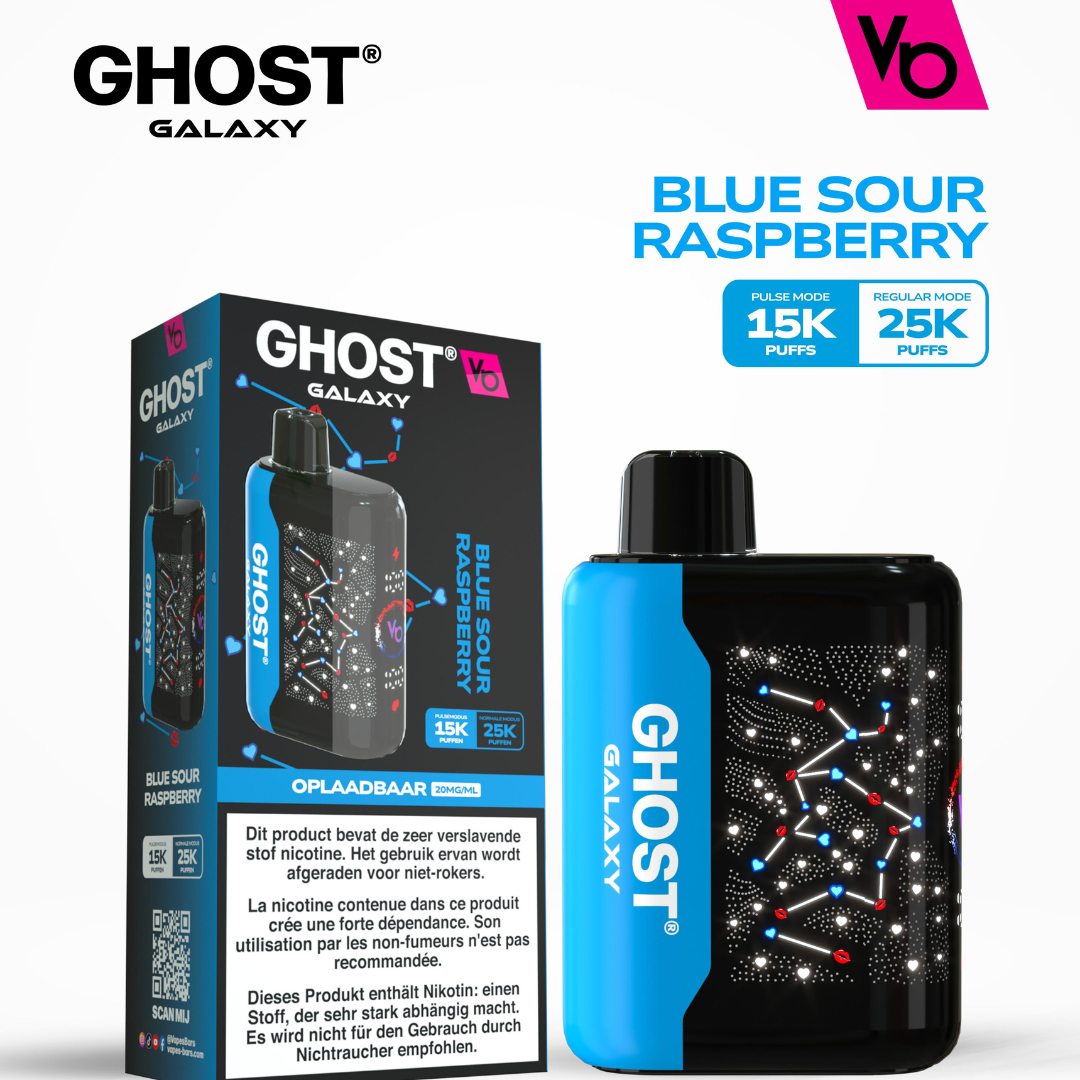 Vapes Bars Ghost Galaxy 25000 Puffs disposable vape in Blue Sour Raspberry flavor, featuring 2% (20mg) nicotine, dual-mode tech, and a sleek futuristic design for bold, tangy vapor.