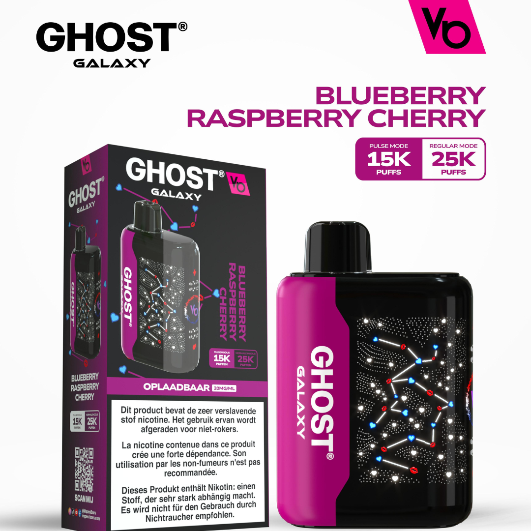 Vapes Bars Ghost Galaxy 25000 Puffs Disposable Vape in Blueberry Raspberry Cherry flavor featuring 2% (20mg) nicotine, dual-mode technology, and a sleek, futuristic design for an unrivaled vaping experience.