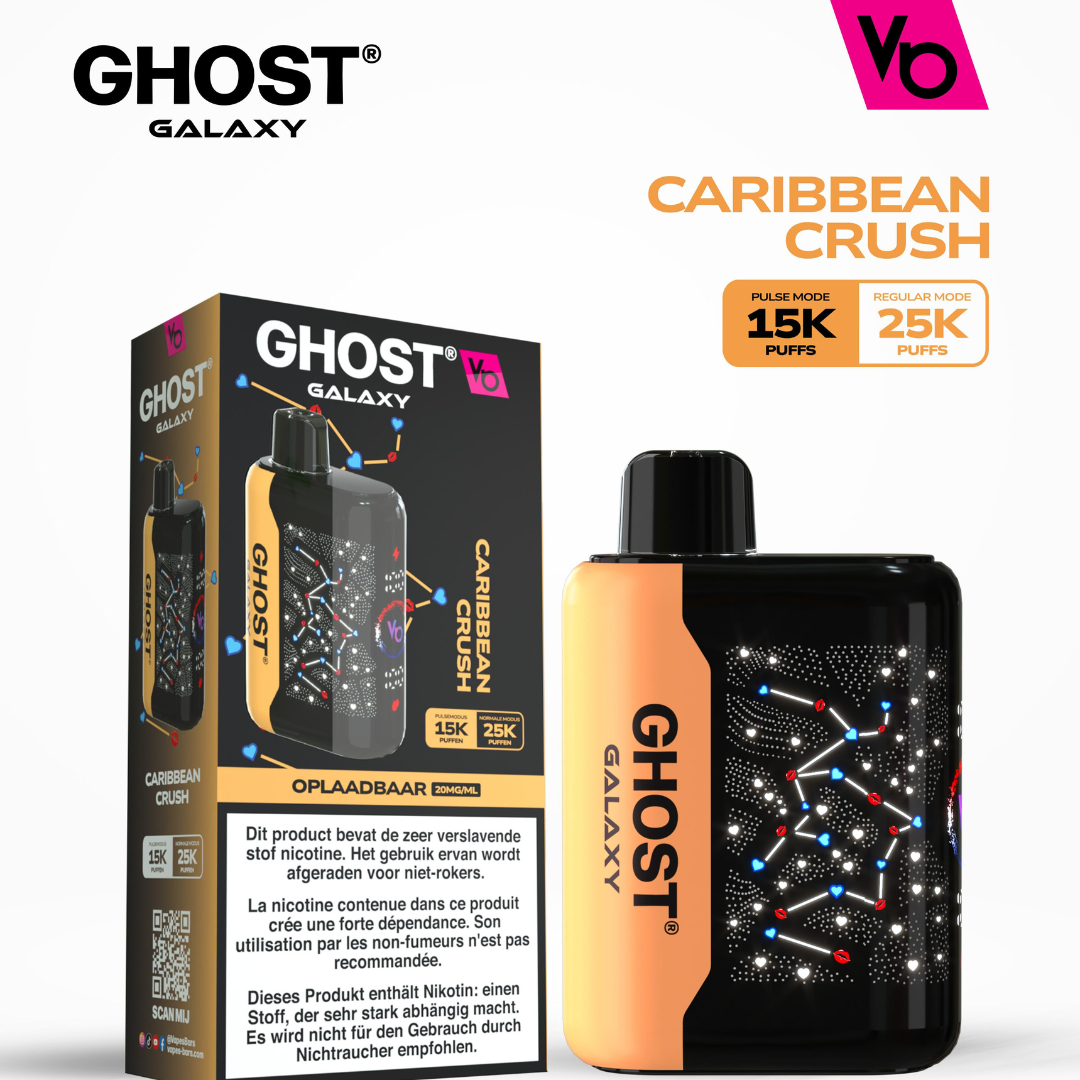 Vapes Bars Ghost Galaxy 25000 Puffs Disposable Vape in Caribbean Crush flavor featuring 2% (20mg) nicotine, dual-mode performance, and a modern sleek design for a refreshing, tropical vaping experience.