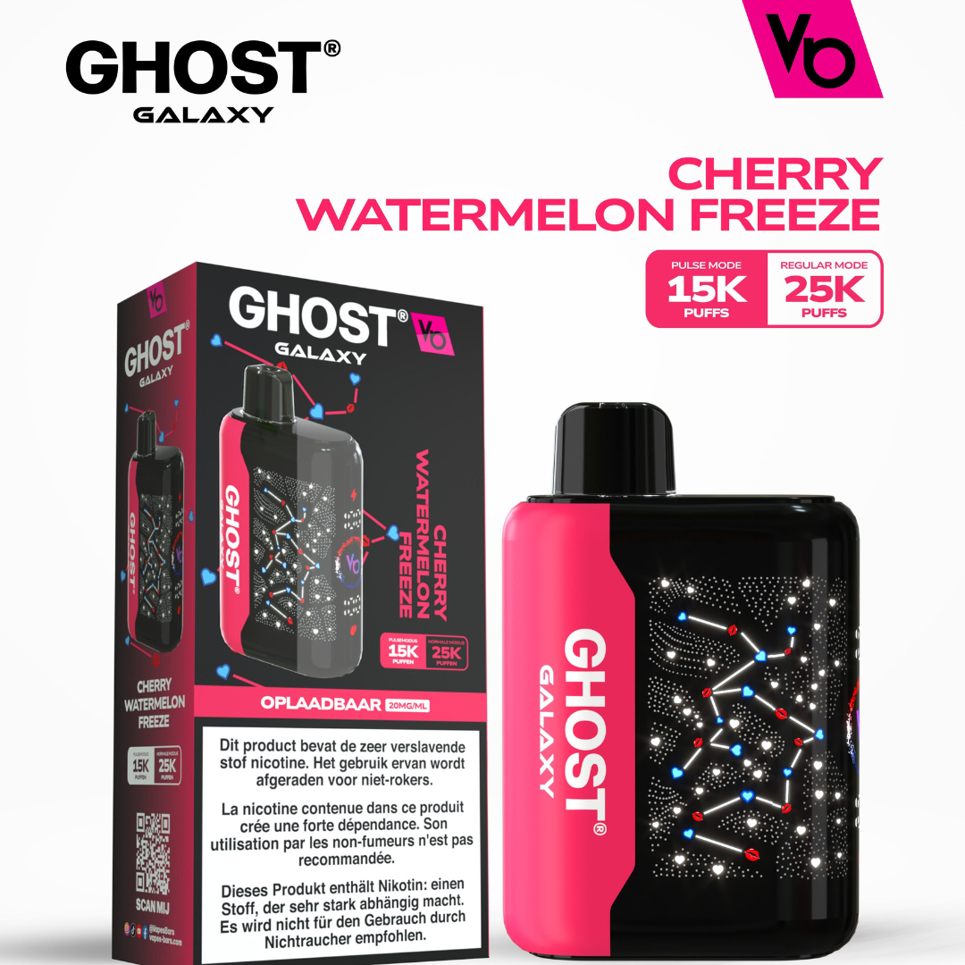 Vapes Bars Ghost Galaxy 25000 Puffs Disposable Vape in Cherry Watermelon Freeze flavor, engineered with 2% (20mg) nicotine and dual-mode technology for a cool, refreshing, and futuristic vaping experience.