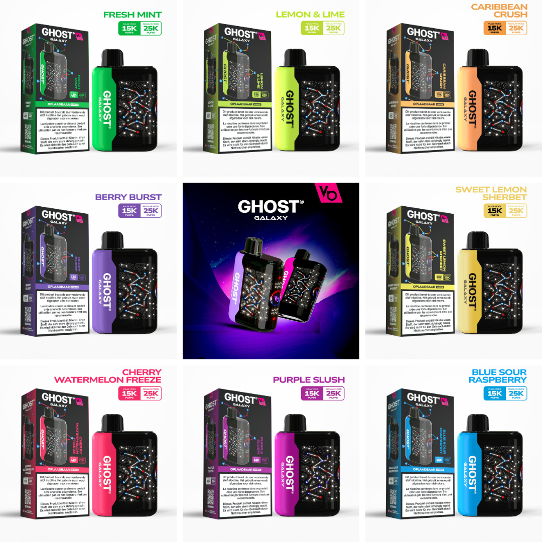 Vapes Bars Ghost Galaxy 25000 Puffs Disposable Vape with 2% (20mg) nicotine, dual-mode performance, and futuristic galaxy display in a sleek premium finish.