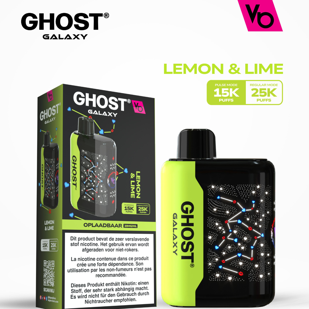 Vapes Bars Ghost Galaxy 25000 Puffs Disposable Vape in Lemon & Lime flavor, featuring 2% (20mg) nicotine, dual-mode technology, and a sleek, futuristic design for a zesty citrus vaping experience.