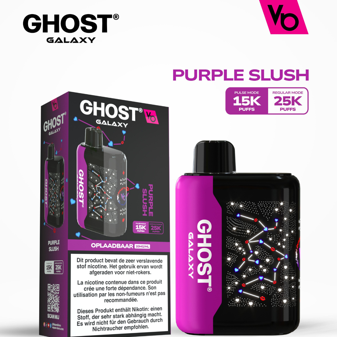 Vapes Bars Ghost Galaxy 25000 Puffs Disposable Vape in Purple Slush flavor, featuring 2% (20mg) nicotine, dual-mode technology, and a sleek, futuristic design for a bold, icy grape vaping experience.
