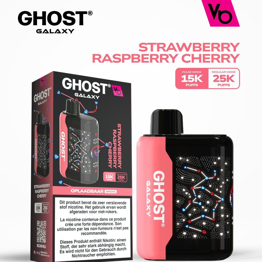 Vapes Bars Ghost Galaxy 25000 Puffs Disposable Vape in Strawberry Raspberry Cherry flavor, featuring 2% (20mg) nicotine, dual-mode technology, and a sleek, futuristic design for a bold, icy berry vaping experience.