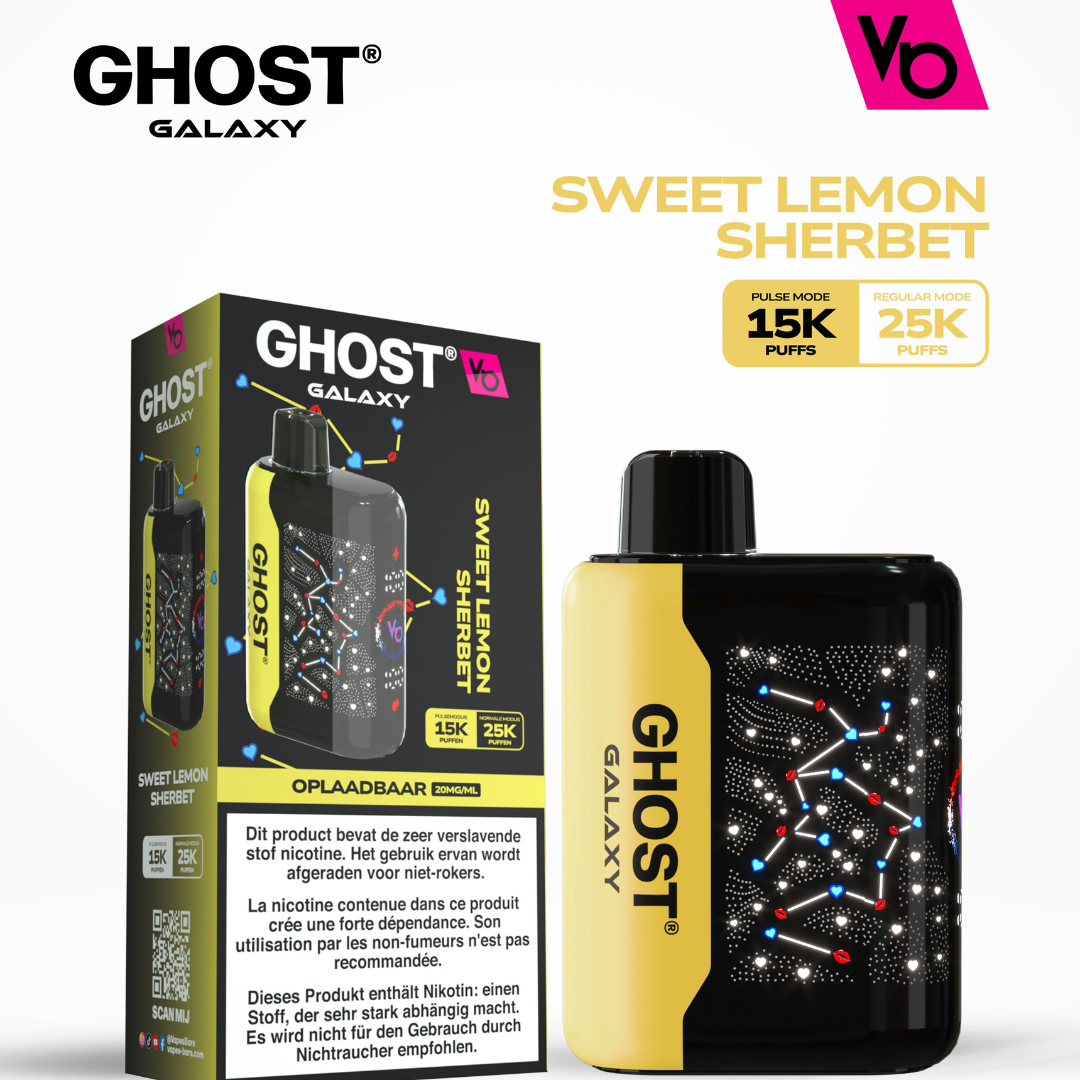 Vapes Bars Ghost Galaxy 25000 Puffs Disposable Vape in Sweet Lemon Sherbet flavor, featuring 2% (20mg) nicotine, dual-mode performance, and a sleek, futuristic design for a zesty, fizzy citrus vaping experience.