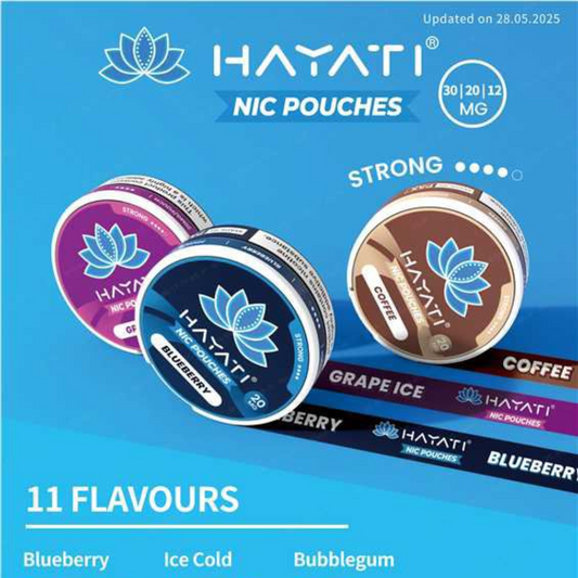 Hayati Nic Pouches tobacco-free nicotine selection in Bubblegum, Banana Ice, Ruby Berry, Mango Ice, Strawberry Lychee, Ice Cold, Coffee & Cola; 12mg, 20mg & 30mg – available Dubai, Abu Dhabi, Sharjah & UAE.