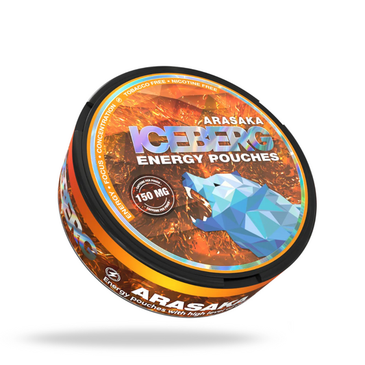 Iceberg Arasaka Energy Pouches 150mg peach-flavor slim pouches in sleek tin, Dubai, Abu Dhabi, Sharjah & UAE availability