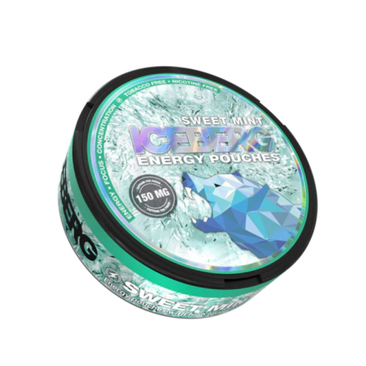 Iceberg Energy Pouches Sweet Mint 150mg tin with mint leaves and capsules, tobacco-free caffeine boost in UAE