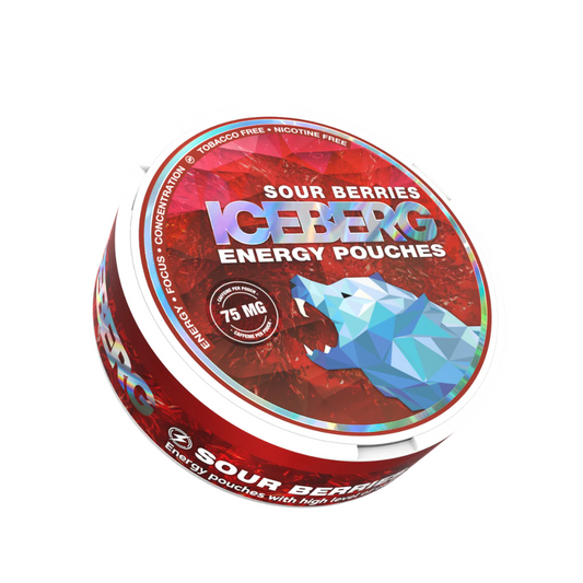 Close-up of sleek Iceberg Sour Berries 75mg energy pouch pack showing vivid berry illustrations and “75mg” label — delivers intense, long-lasting energy across Dubai, Abu Dhabi, Sharjah & UAE.