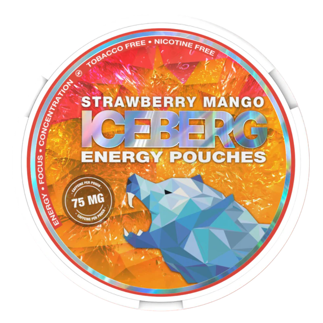 Iceberg Strawberry Mango 75 mg Energy Pouches pack of 20 – slim, tobacco- & sugar-free caffeine-boost sachets in vibrant strawberry mango design; fast delivery across Dubai, Abu Dhabi, Sharjah & UAE.
