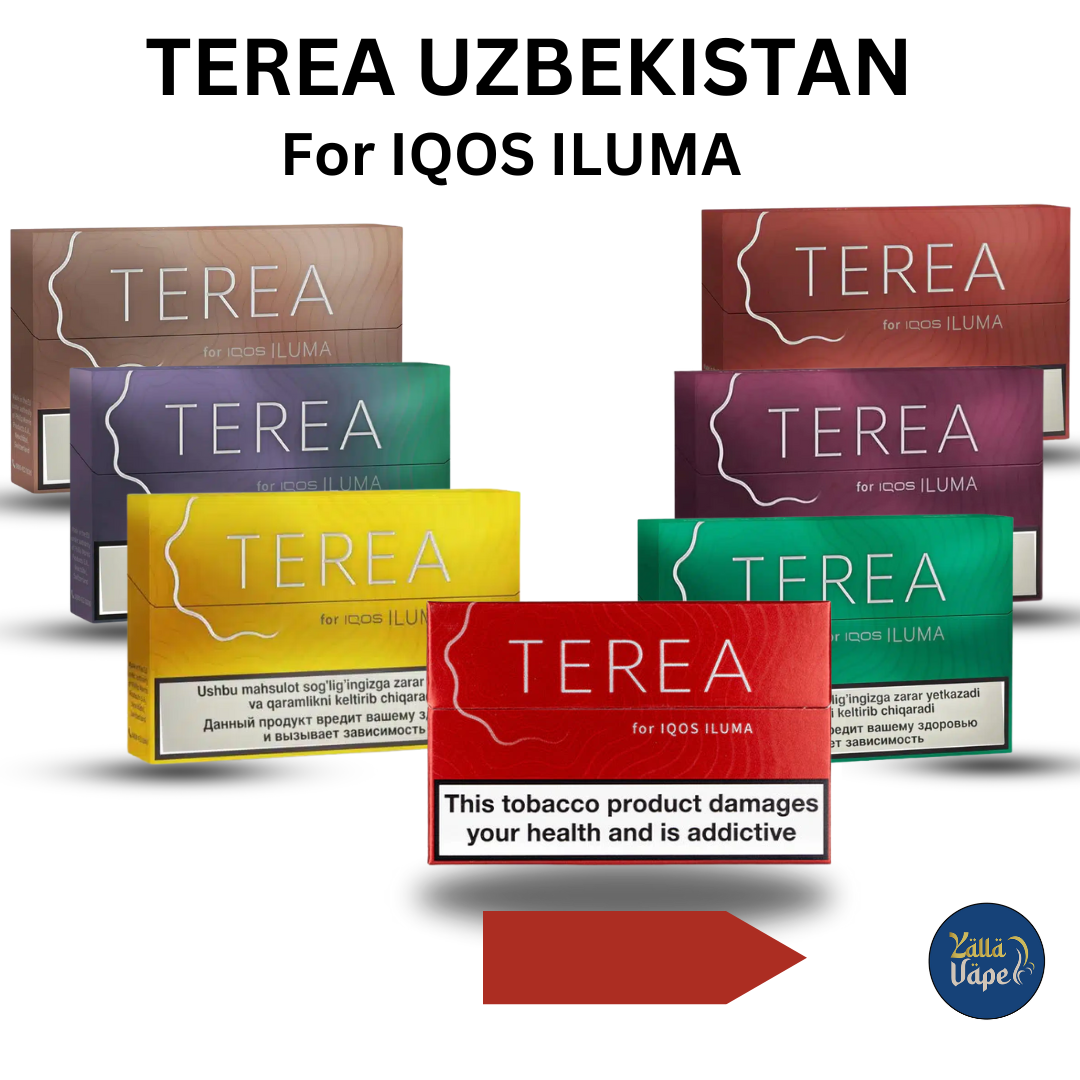 Assortment of IQOS TEREA Uzbekistan flavors – Amber, Blue, Green, Mauve Wave, Russet, Sienna, Teak, Turquoise, Yellow, Silver, Purple Wave, Zing Wave, Summer Wave – premium heat-not-burn tobacco sticks available in Dubai and across the UAE.