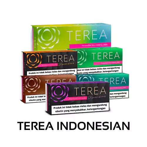`IQOS ILUMA TEREA™ Indonesia Edition heatsticks collection displaying 16 flavor variants—including Bright Wave (zesty citrus), Auburn Edition (clove & vanilla), Berrine Edition (berry & menthol), Black Green (earthy menthol), Blue (mint), Bronze (cocoa & fruit), Dimensions Yugen (pear, lavender & jasmine), Dimensions Apricity (apricot, vanilla & caramel), Emerald Edition (fruit & mint), Golden Edition (nutty & woody), Green (herbal mint), Mulint Edition (mint & mulberry), Oasis Pearl (floral), Purple Wave (