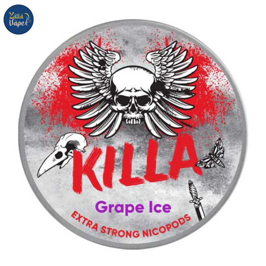 Killa Grape Ice Nicotine Pouches open pouch showing discreet, tobacco-free white fiber pouch