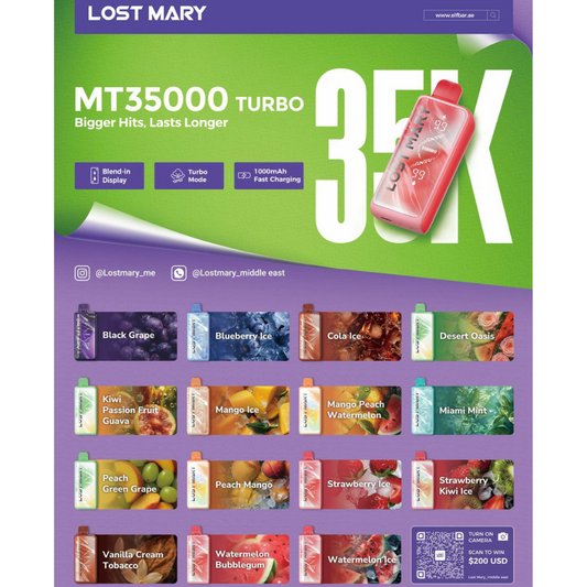 Lost Mary MT35000 Turbo 35K Puffs disposable vape second image showing full flavor assortment – Strawberry, Mango, Blueberry & more | Dubai, Abu Dhabi, Sharjah & UAE