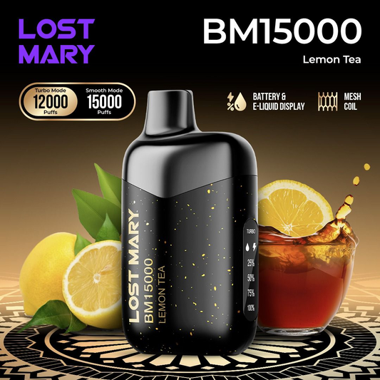 Lost Mary BM15000 vape device with lemon tea flavor, surrounded by lemons and a drink.