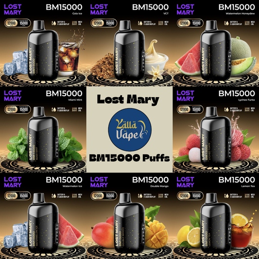 Lost Mary BM15000 vape device with various flavor options displayed on a promotional poster.
