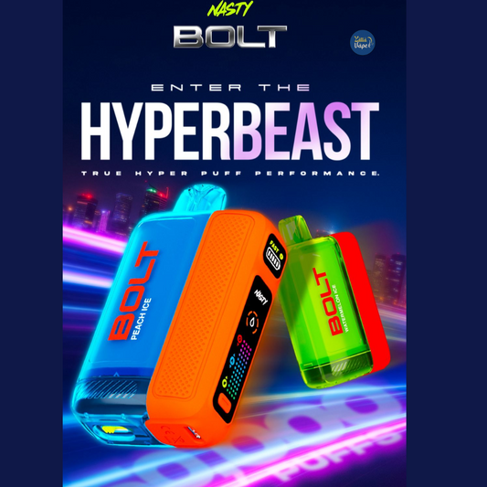 Nasty Bolt Hyperbeast 50K / 50,000 Puffs Disposable Vape — Watermelon Ice, Peach Ice, Strawberry Ice, Kiwi Passion Fruit Guava, Grape Ice, Berry Grape, Mango Ice, Cherry Cola, Strawberry Watermelon, Blueberry Ice, Raspberry Watermelon, Mix Berry, Energy Drink, Apple Ice, Strawberry Kiwi, VCT — Available Dubai, Abu Dhabi, Sharjah, UAE