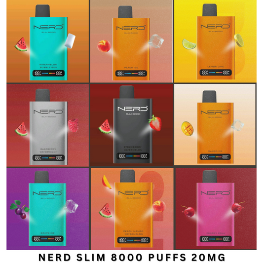 Nerd Slim 8000 Puffs Disposable Vape in a dynamic collage of vibrant flavor options—including Watermelon Bubblegum, Blueberry, Fresh Mint, and more—highlighting its advanced LCD display, mesh coil technology, rechargeable 650mAh battery, and 14ml e-liquid capacity. Designed for discerning vape enthusiasts, this sleek device is available across Dubai, Abu Dhabi, Sharjah, and throughout the UAE marketplace.