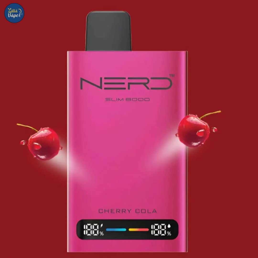 Nerd Slim 8000 Puffs Cherry Cola 20mg Disposable Vape, featuring a sleek, modern design with an advanced LCD display, innovative mesh coil technology, and a generous 14ml e-liquid reservoir that delivers up to 8000 puffs. This premium device provides a unique, refreshing Cherry Cola flavor combined with a potent 20mg nicotine hit, making it the ideal choice for discerning vape enthusiasts in Dubai, Abu Dhabi, Sharjah, and across the UAE marketplace.