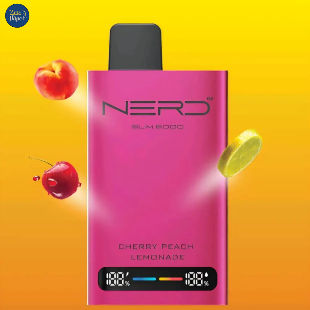 Vibrant Nerd Slim 8000 Puffs Cherry Peach Lemonade Disposable Vape showcasing a sleek design, perfect for an enjoyable vaping experience in Dubai and across the UAE. Flavorful mix of cherry, peach, and lemonade for a refreshing taste on the go.