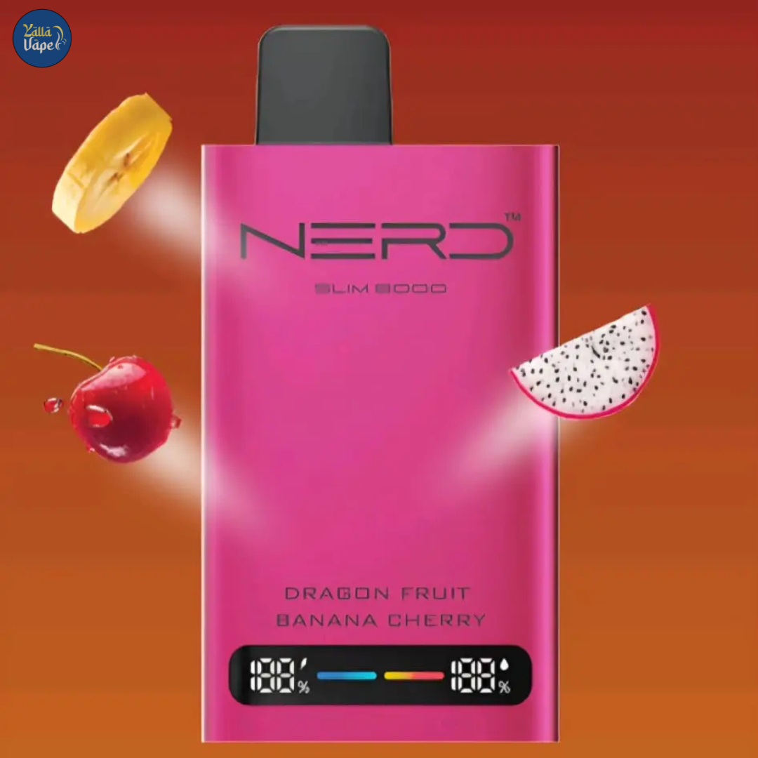 Vibrant Nerd Slim 8000 Puffs Dragon Fruit Banana Cherry Disposable Vape with 20mg nicotine - Perfect for flavorful vaping in Dubai, Abu Dhabi, and Sharjah.