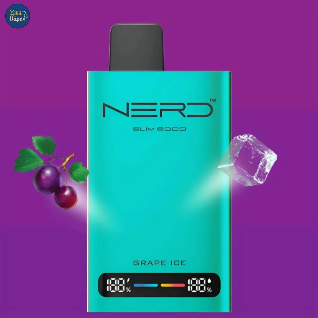 Premium Nerd Slim 8000 Puffs Grape Ice Disposable Vape 20mg – A sleek, portable vaping device offering a refreshing grape ice flavor, perfect for vape enthusiasts in Dubai, Abu Dhabi, Sharjah, and across the UAE.