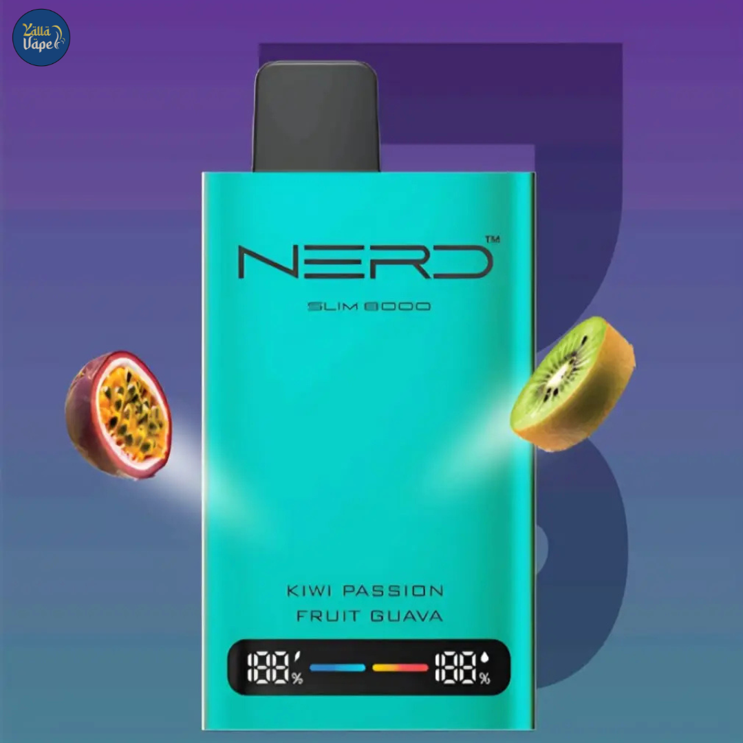 Nerd Slim 8000 Puffs Kiwi Passion Fruit Guava 20mg Disposable Vape, showcasing its sleek and modern design with an advanced LCD display and innovative mesh coil technology. This premium device offers a potent 20mg nicotine hit and an impressive 8000 puffs from a 14ml liquid capacity, delivering a vibrant fusion of kiwi, passion fruit, and guava flavors—an ideal choice for vape enthusiasts across Dubai, Abu Dhabi, Sharjah, and all over the UAE marketplace.