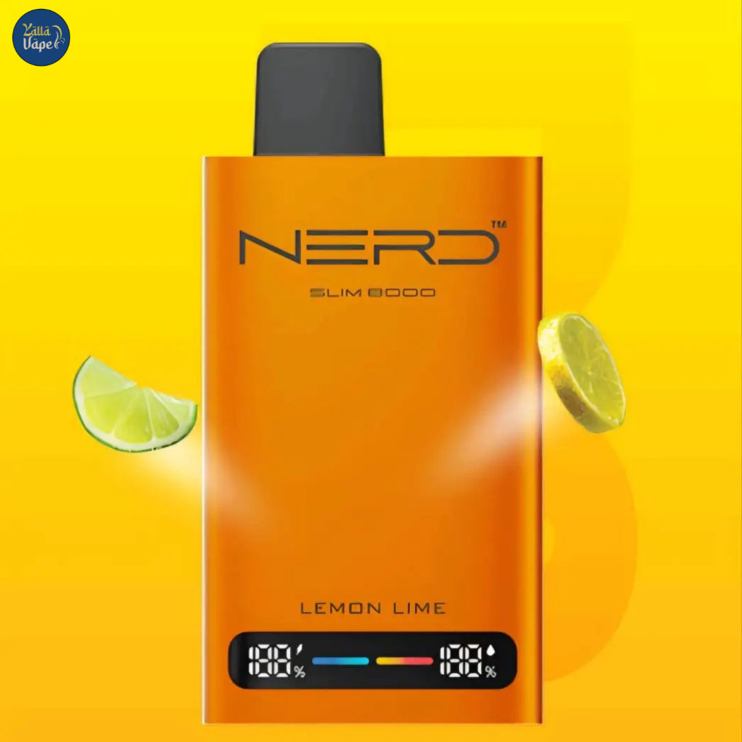 Nerd Slim 8000 Puffs Lemon Lime 20mg Disposable Vape, showcasing its sleek, modern design with an advanced LCD display, innovative mesh coil technology, and a generous 14ml e-liquid capacity. This premium device offers a potent 20mg nicotine strength and delivers up to 8000 puffs of a refreshing lemon-lime flavor, making it an ideal choice for discerning vape enthusiasts in Dubai, Abu Dhabi, Sharjah, and across the UAE marketplace.