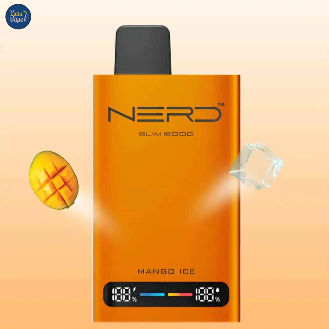 Nerd Slim 8000 Puffs Mango Ice 20mg Disposable Vape, showcasing its sleek, modern design and advanced features—including an LCD display for real-time monitoring, innovative mesh coil technology, and a 14ml e-liquid reservoir powered by a 650mAh rechargeable battery for up to 8000 puffs. This premium vape delivers a refreshing burst of Mango Ice flavor with a potent 20mg nicotine hit, making it the ideal choice for discerning vape enthusiasts in Dubai, Abu Dhabi, Sharjah, and UAE