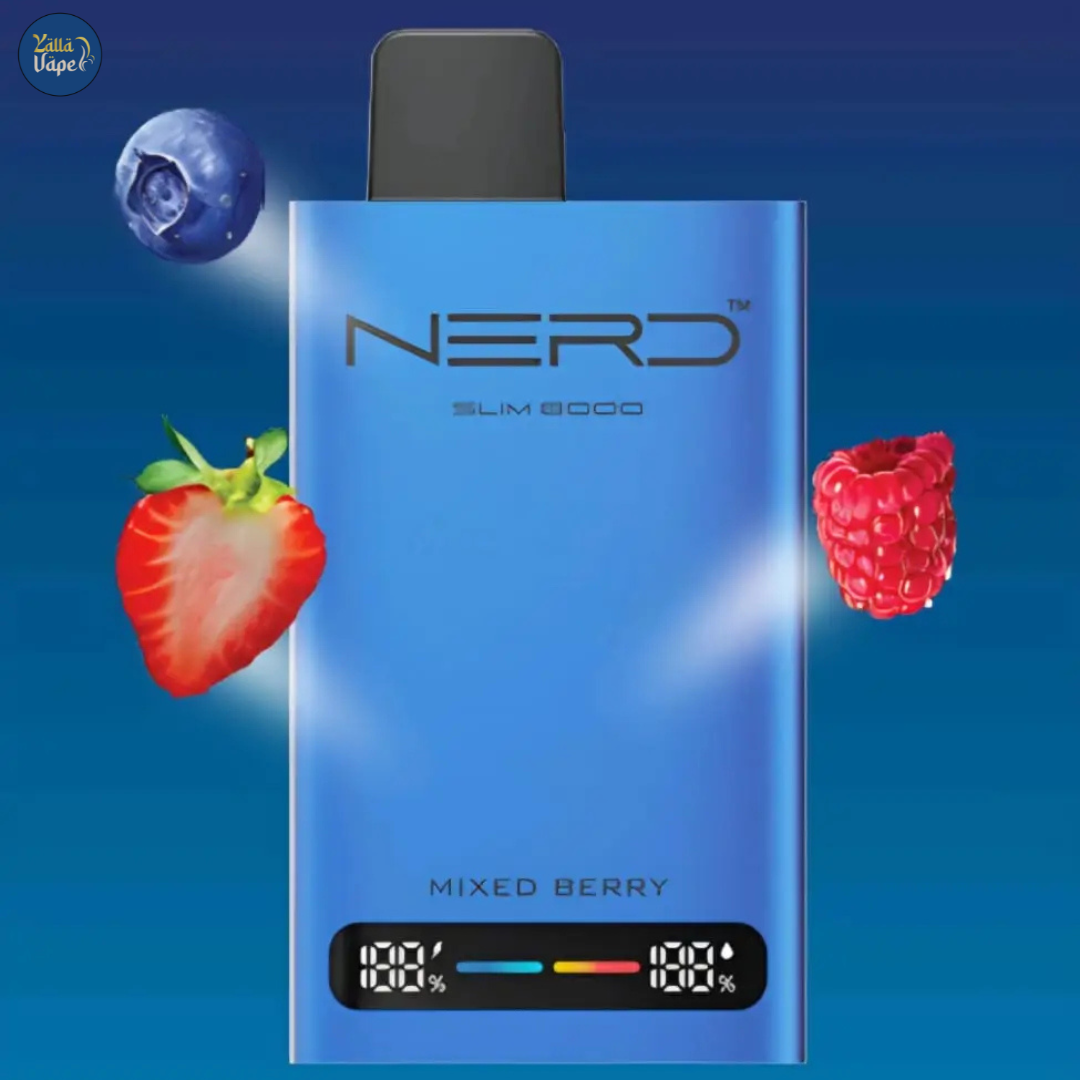Premium Nerd Slim 8000 Puffs Mixed Berry 20mg Disposable Vape in vibrant packaging, showcasing its enticing berry flavors, ideal for vape enthusiasts in Dubai, Abu Dhabi, Sharjah, and across UAE.