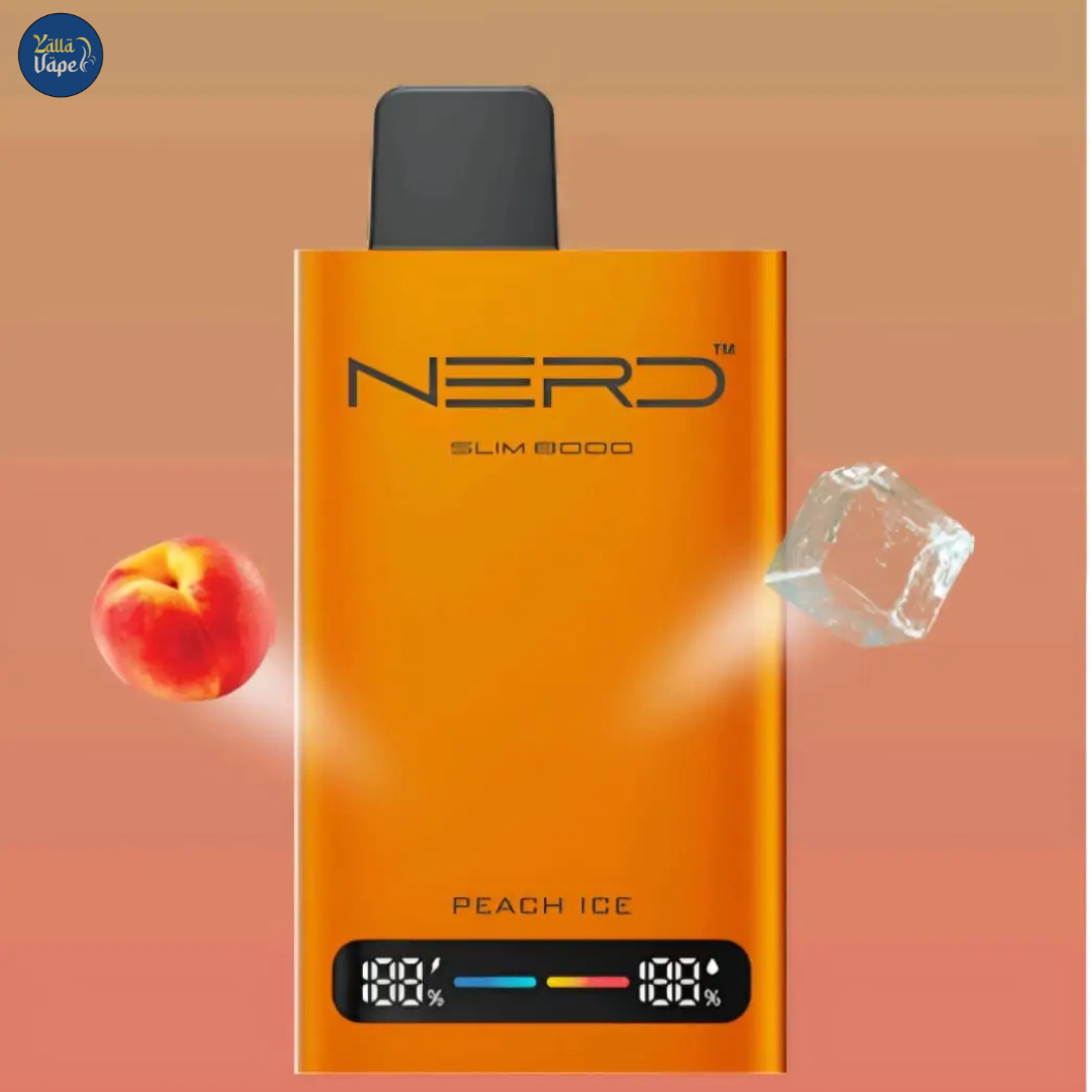 Nerd Slim 8000 Puffs Peach Ice 20mg Disposable Vape, showcasing its sleek, modern design complemented by an advanced LCD display and innovative mesh coil technology. With a robust 650mAh rechargeable battery powering a 14ml e-liquid reservoir for up to 8000 puffs, this premium device delivers a crisp, invigorating Peach Ice flavor with a potent 20mg nicotine hit—perfect for vape enthusiasts across Dubai, Abu Dhabi, Sharjah, and throughout the UAE marketplace.