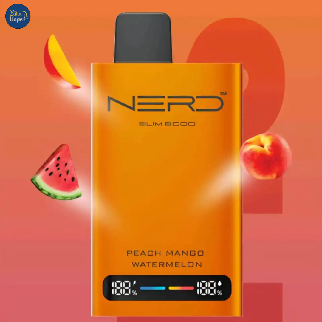 Nerd Slim 8000 Puffs Peach Mango Watermelon 20mg Disposable Vape, featuring a sleek, modern design with an advanced LCD display and innovative mesh coil technology. This premium device delivers an invigorating blend of peach, mango, and watermelon flavors with a potent 20mg nicotine hit and an impressive 8000 puffs. Optimized for the UAE market, it’s the ideal choice for vape enthusiasts in Dubai, Abu Dhabi, Sharjah, and across the UAE.
