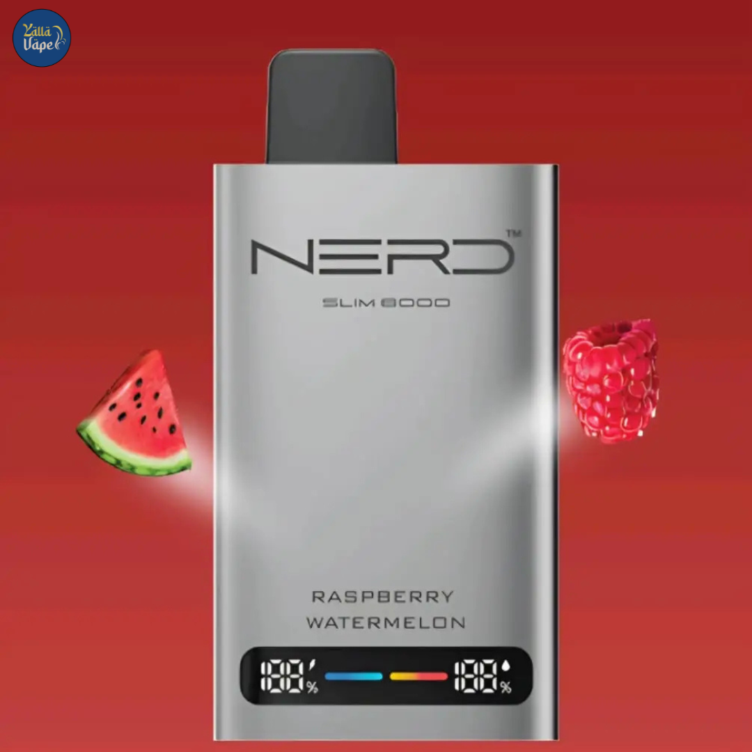 Nerd Slim 8000 Puffs Raspberry Watermelon Disposable Vape 20mg - Premium vaping experience with vibrant raspberry and juicy watermelon flavors, designed for ultimate satisfaction. Perfect for vapers in Dubai, Abu Dhabi, Sharjah, and across the UAE!