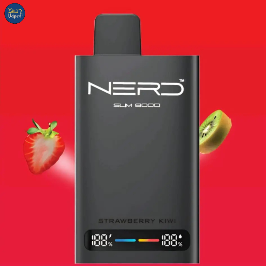 Vibrant Nerd Slim 8000 Puffs Strawberry Kiwi 20mg Disposable Vape showcasing a sleek design, perfect for on-the-go vaping in Dubai, Abu Dhabi, and Sharjah. Experience bold flavors and high puff capacity with this premium vape option.