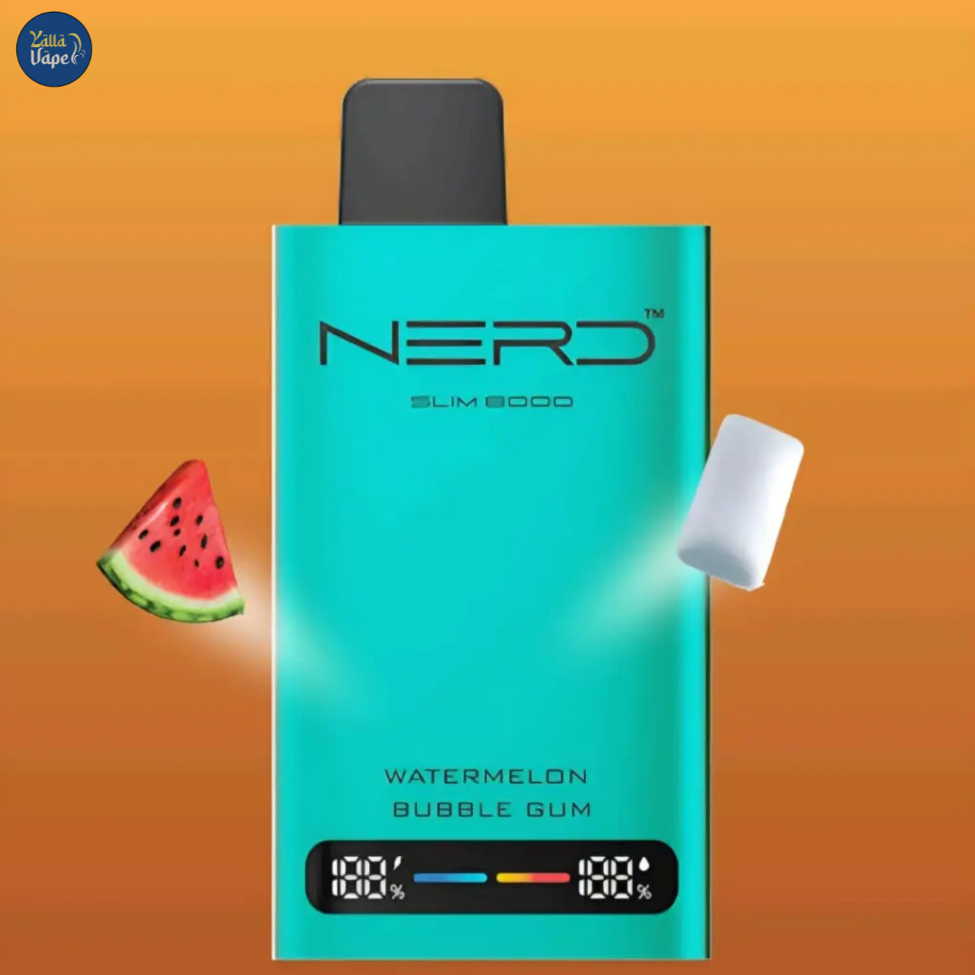 Vibrant Nerd Slim 8000 Puffs Watermelon Bubble Gum 20mg Disposable Vape, featuring a sleek design perfect for a flavorful vaping experience. Ideal for enthusiasts in Dubai, Abu Dhabi, and Sharjah.