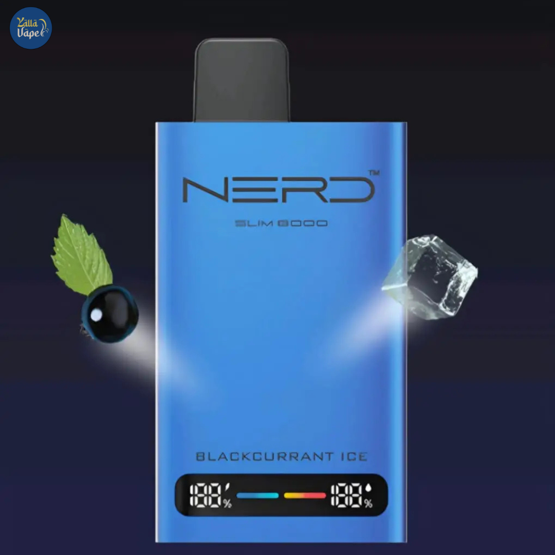 Nerd Slim 8000 Puffs Blackcurrant Ice 20mg Disposable Vape showcasing its sleek, modern design with an advanced LCD display, state-of-the-art mesh coil technology, and a generous 14ml e-liquid capacity. This premium vape delivers an intense Blackcurrant Ice flavor with a potent 20mg nicotine hit and an impressive 8000 puffs—perfect for vaping enthusiasts in Dubai, Abu Dhabi, Sharjah, and across the UAE marketplace.
